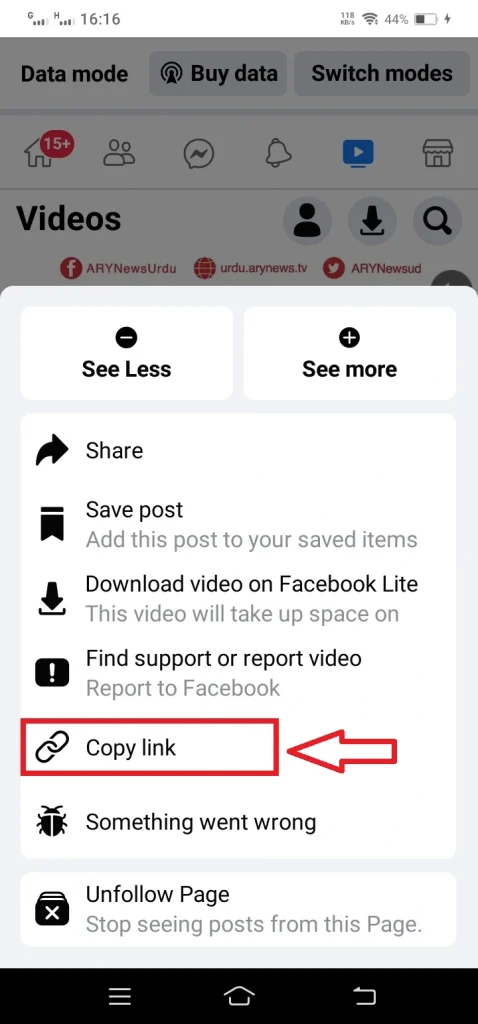 Copy The Facebook Video URL On The Facebook App